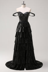 Glitter Black Off the Shoulder A-Line Tiered Long Corset Prom Dress with Beading